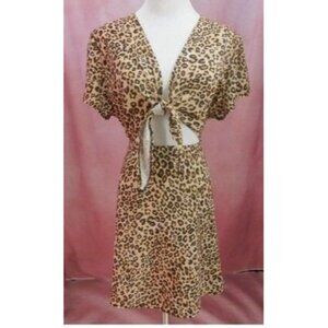 Boohoo Leopard Print Dress Sz 18 Tie-Front Short Sleeve, Cutout Detail